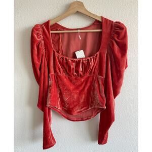 NWT Free People Hold Me Puff Sleeve Velvet Top Crush Blush size S